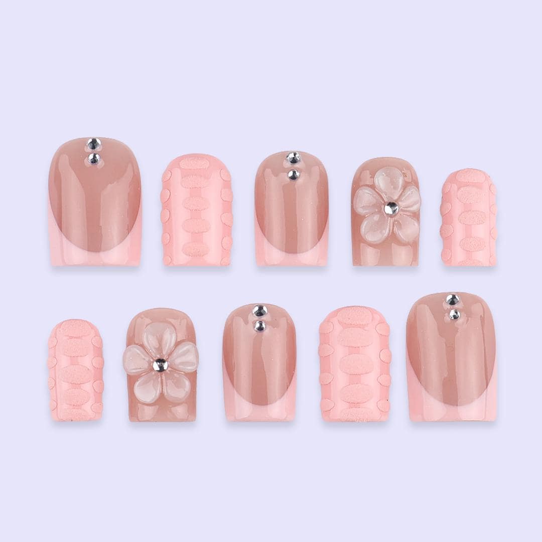 Nude Peach and Blush Pink Floral Press-On Nail Set with 3D Flowers