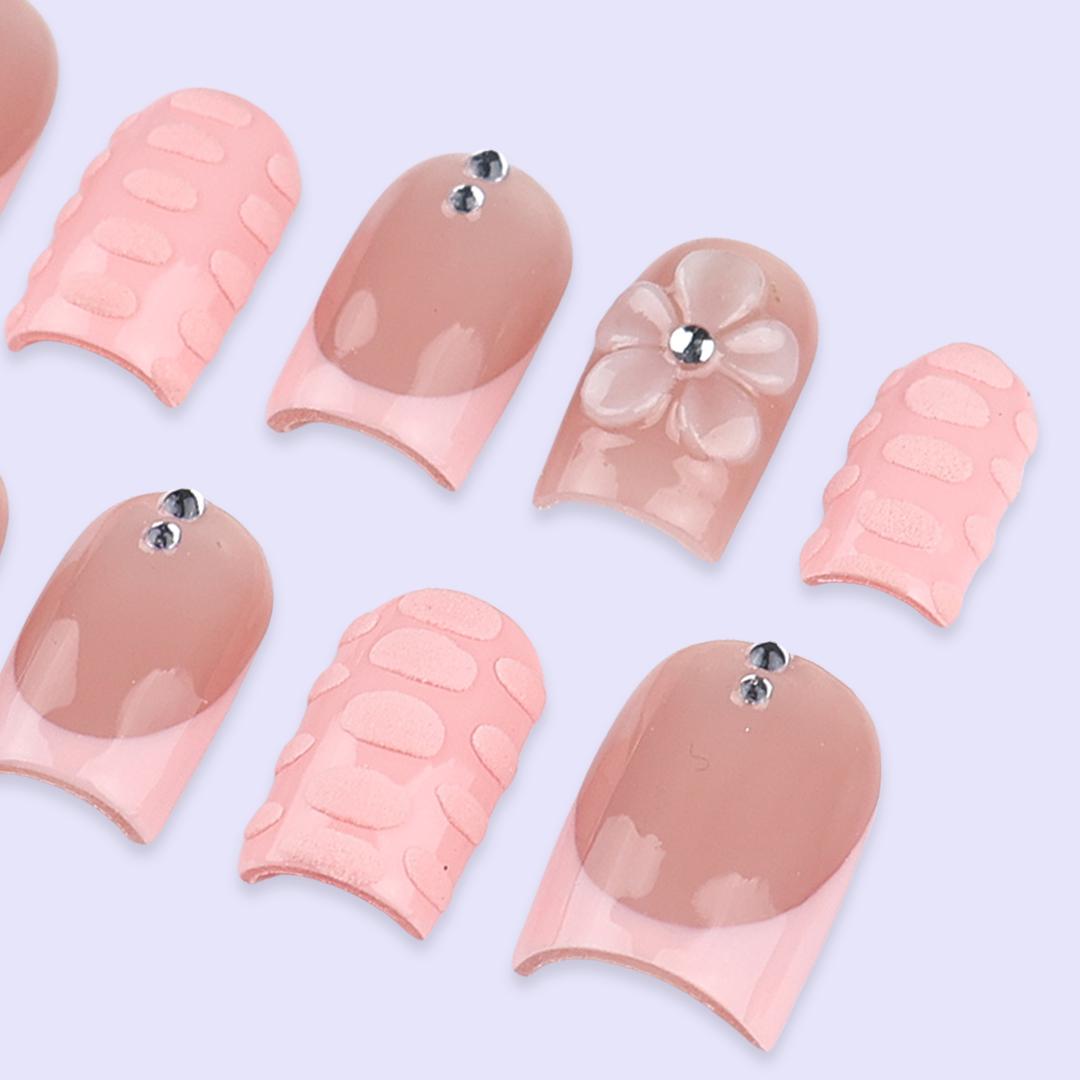 Nude Peach and Blush Pink Floral Press-On Nail Set with 3D Flowers