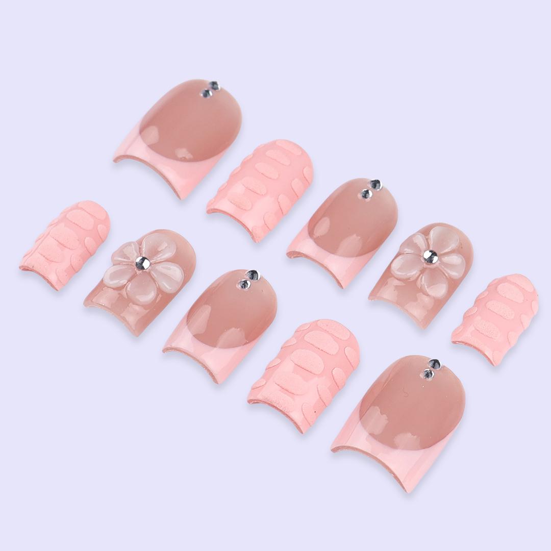 Nude Peach and Blush Pink Floral Press-On Nail Set with 3D Flowers
