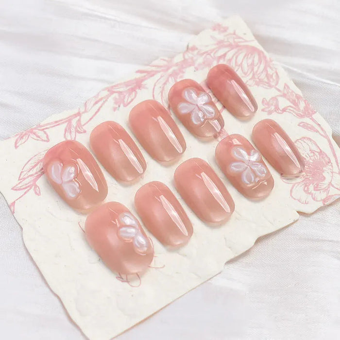 Nude Peach Cat Eye Press On Nails With 3D White Flowers