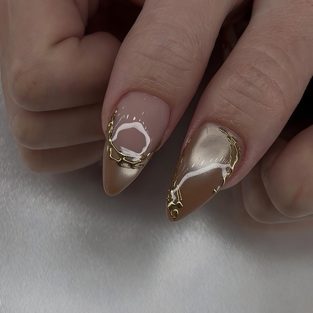 Nude Pink and Beige Cat Eye Nails with Gold Flowers and White Tips