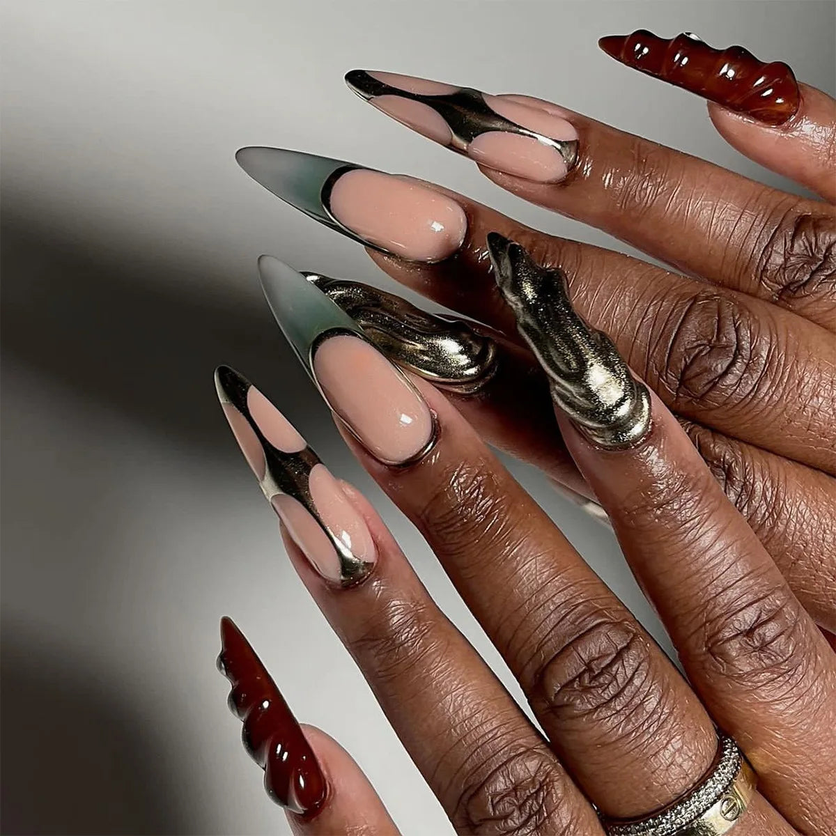 Nude Pink and Black Chrome Flame Press On Nails with Sculpted Red Accents