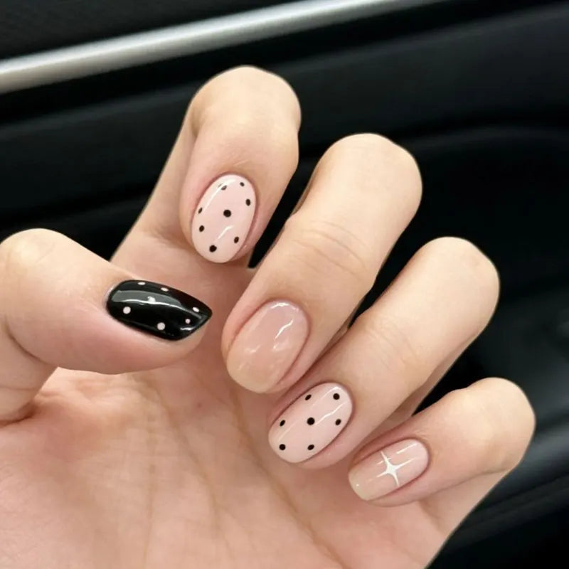 Nude Pink and Black Polka Dot Press On Nails