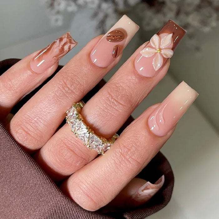 Nude Pink and Brown French Tip Press On Nails With Marbled Accents and 3D Flower