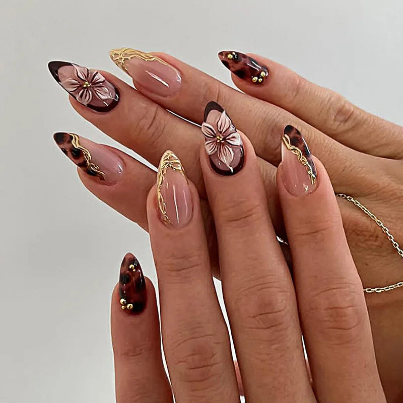Nude Pink and Brown Tortoiseshell Nails with Gold Details and 3D Flowers