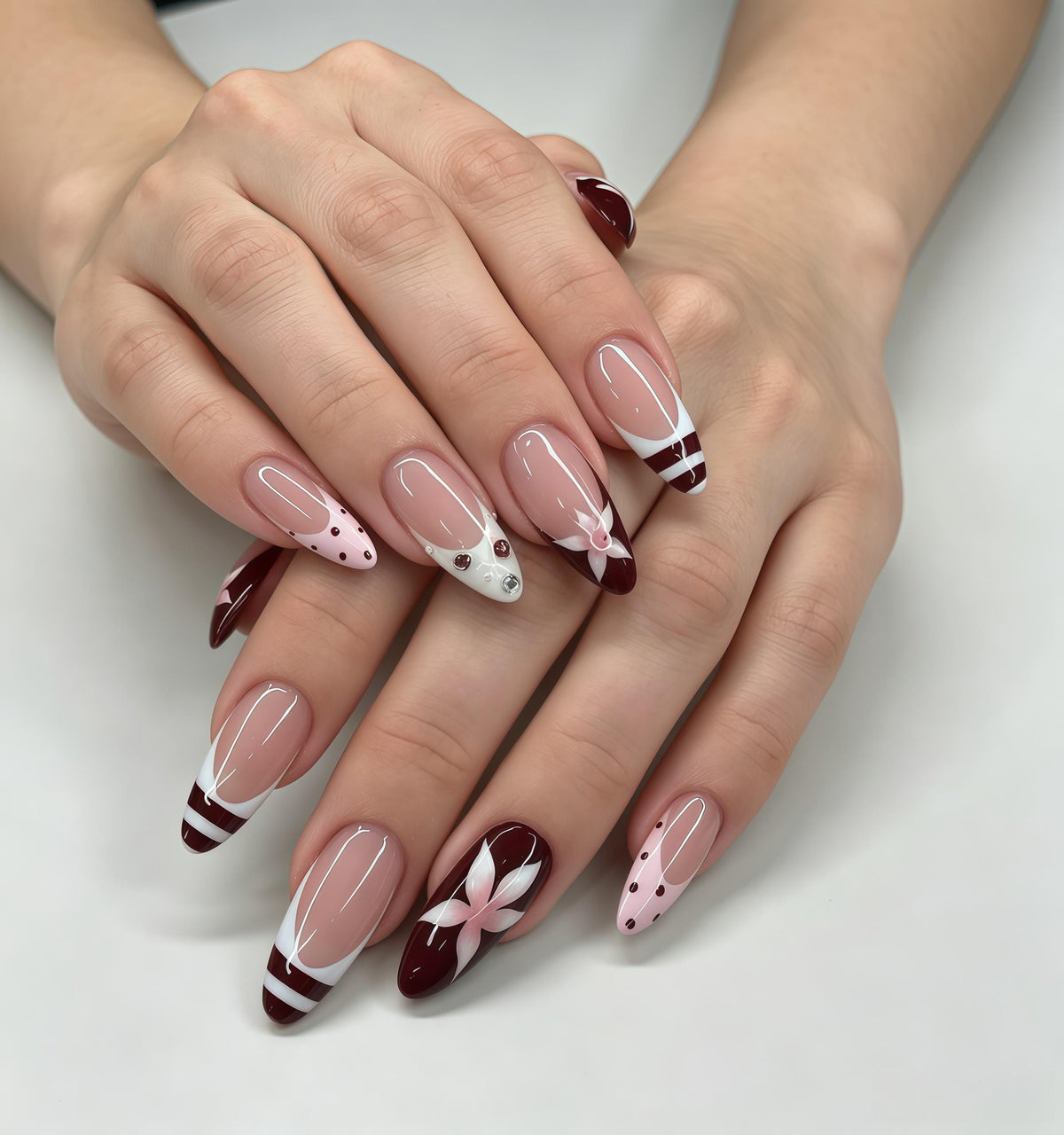 Nude Pink and Burgundy French Tip Nails with White Flowers and Polka Dots
