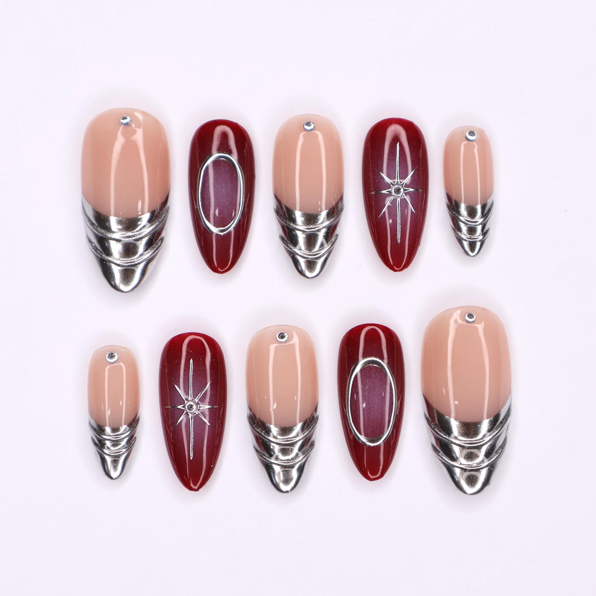 Nude Pink and Burgundy Nails with Silver Chrome Bands and Celestial Details