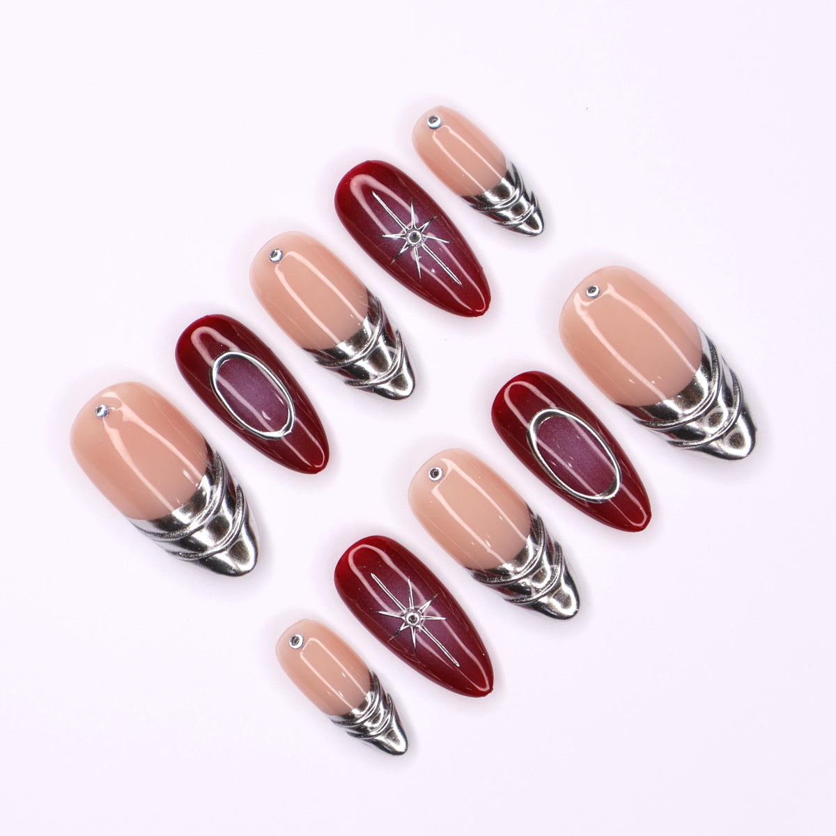 Nude Pink and Burgundy Nails with Silver Chrome Bands and Celestial Details