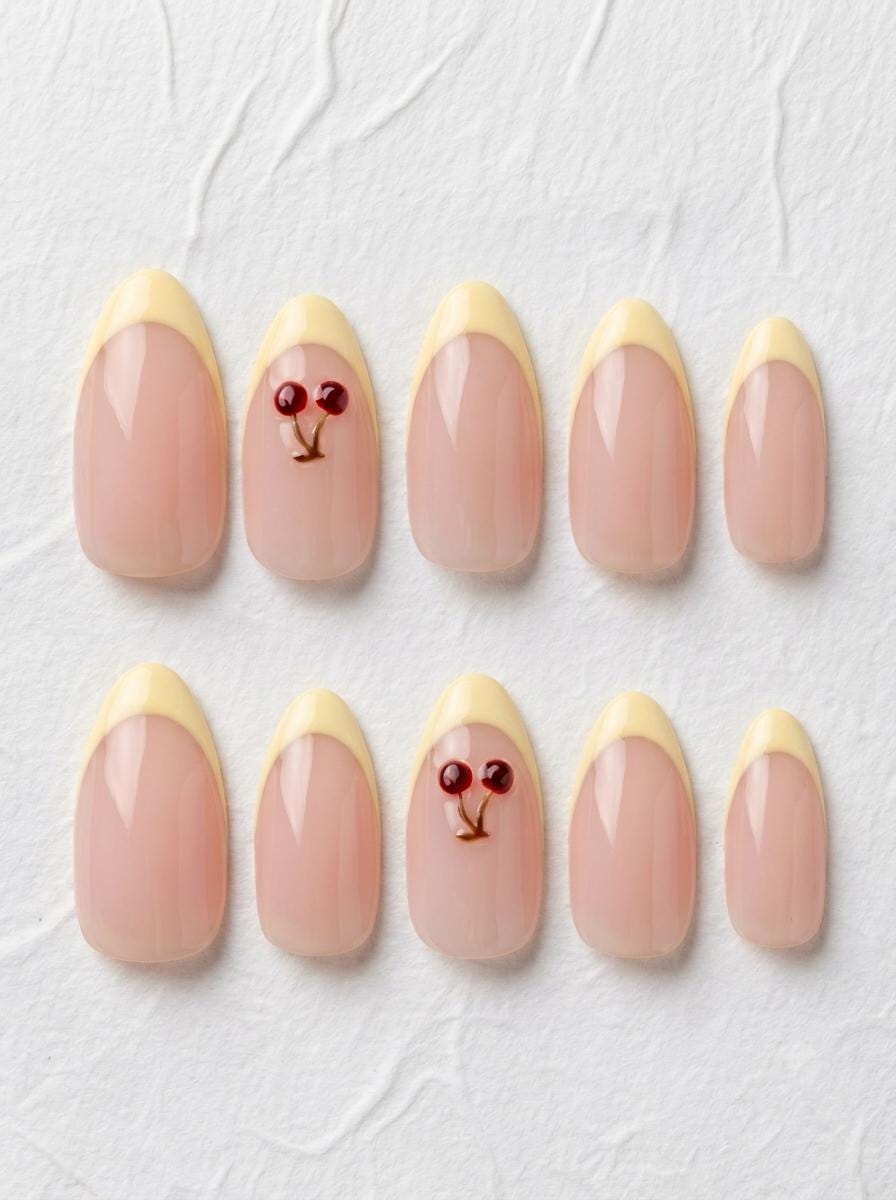 Nude Pink and Buttery Yellow French Tip Nails with 3D Cherries for Summer