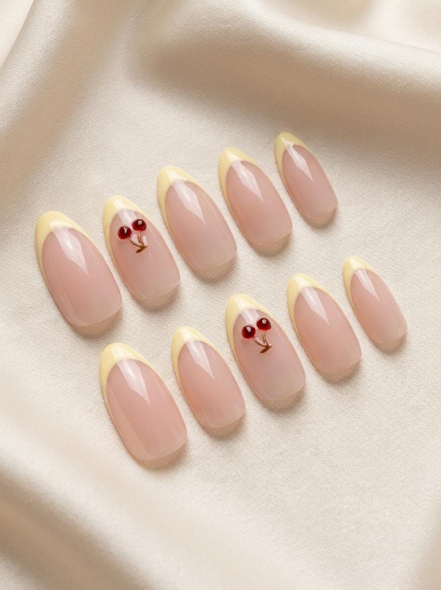 Nude Pink and Buttery Yellow French Tip Nails with 3D Cherries for Summer