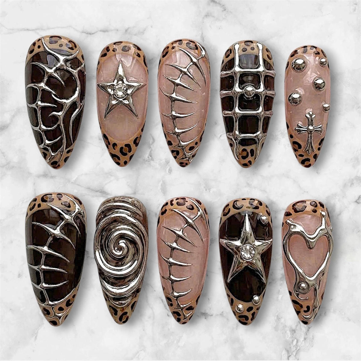 Nude Pink and Dark Animal Print Nails with Raised Silver Designs