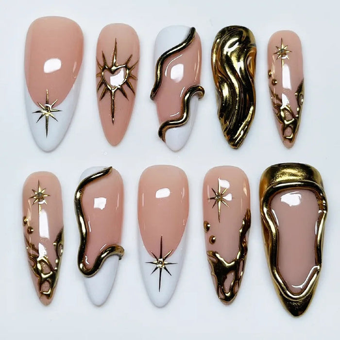 Nude Pink and Gold Chrome Starburst Press On Nails
