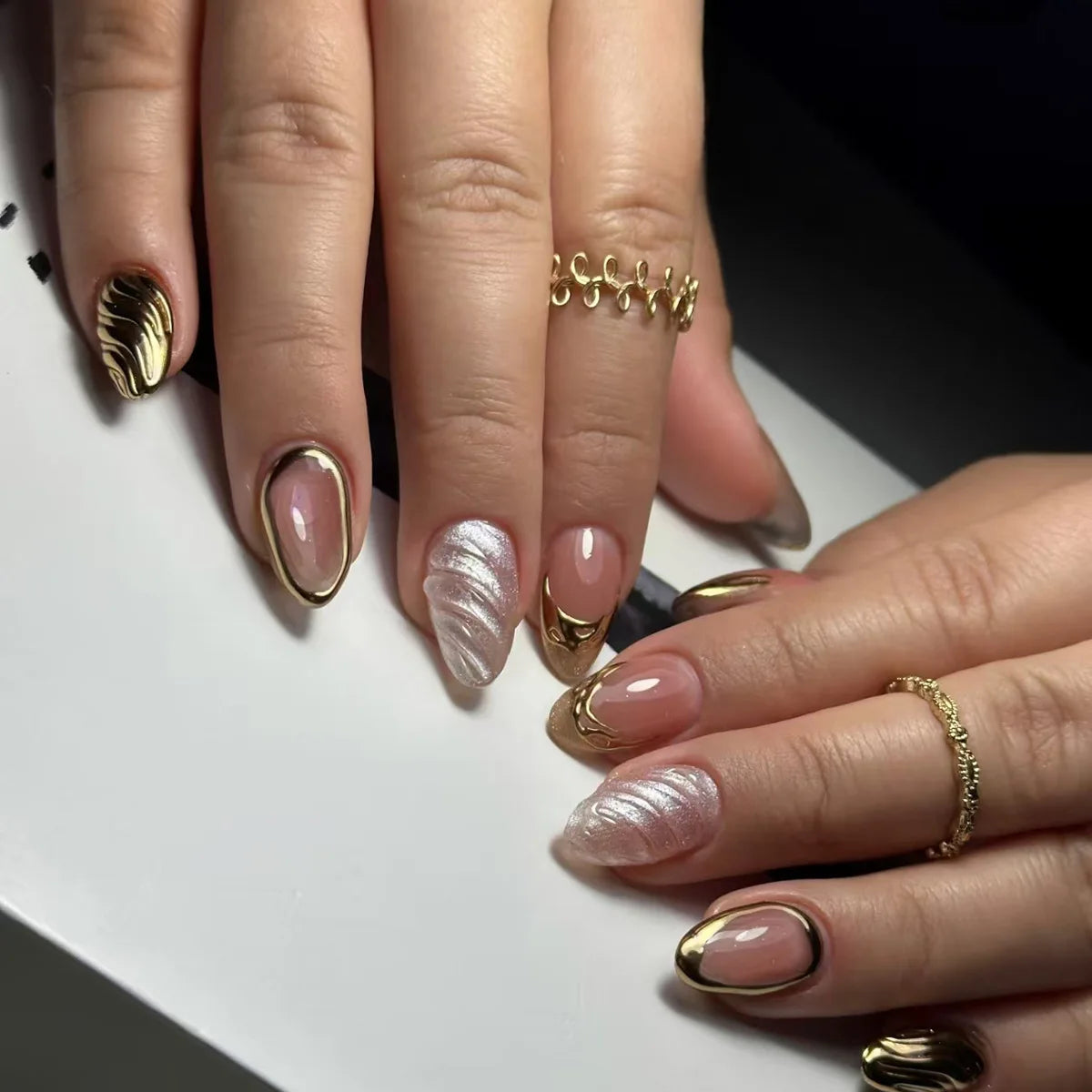 Nude Pink and Gold Shell Chrome Press On Nails