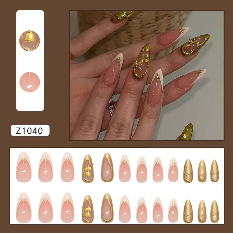 Nude Pink and Gold Starburst Press On Nails