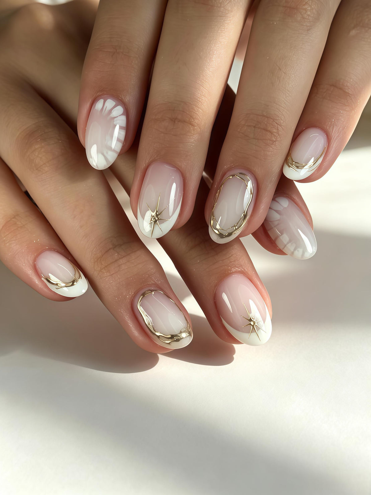 Nude Pink and Milky White Nails with Gold Starbursts and Fine Gold Edging