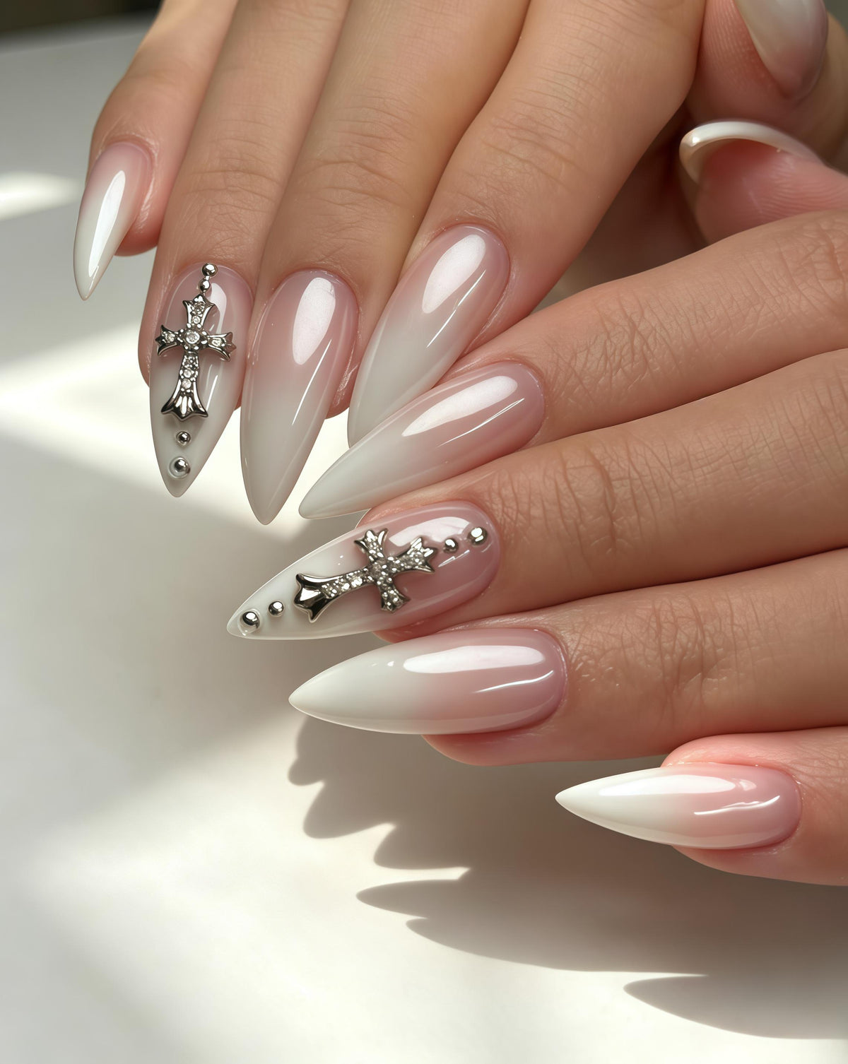 Nude Pink and Milky White Ombré Press On Nails with Silver Cross Charms