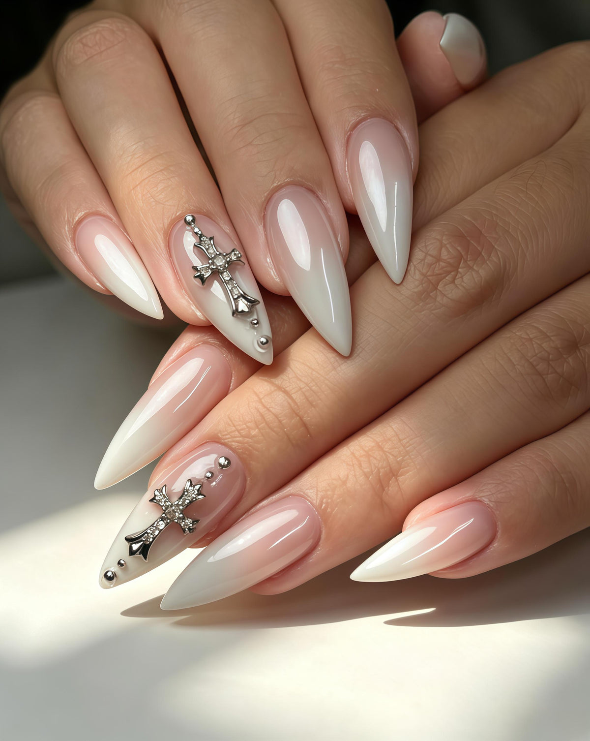 Nude Pink and Milky White Ombré Press On Nails with Silver Cross Charms