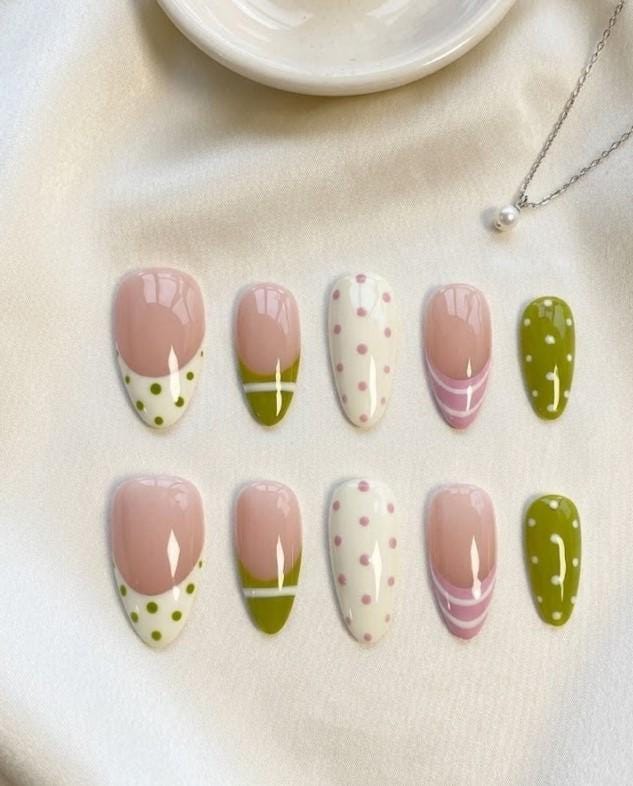 Nude Pink and Olive Green Polka Dot Press-On Nails with Summer Striped Details