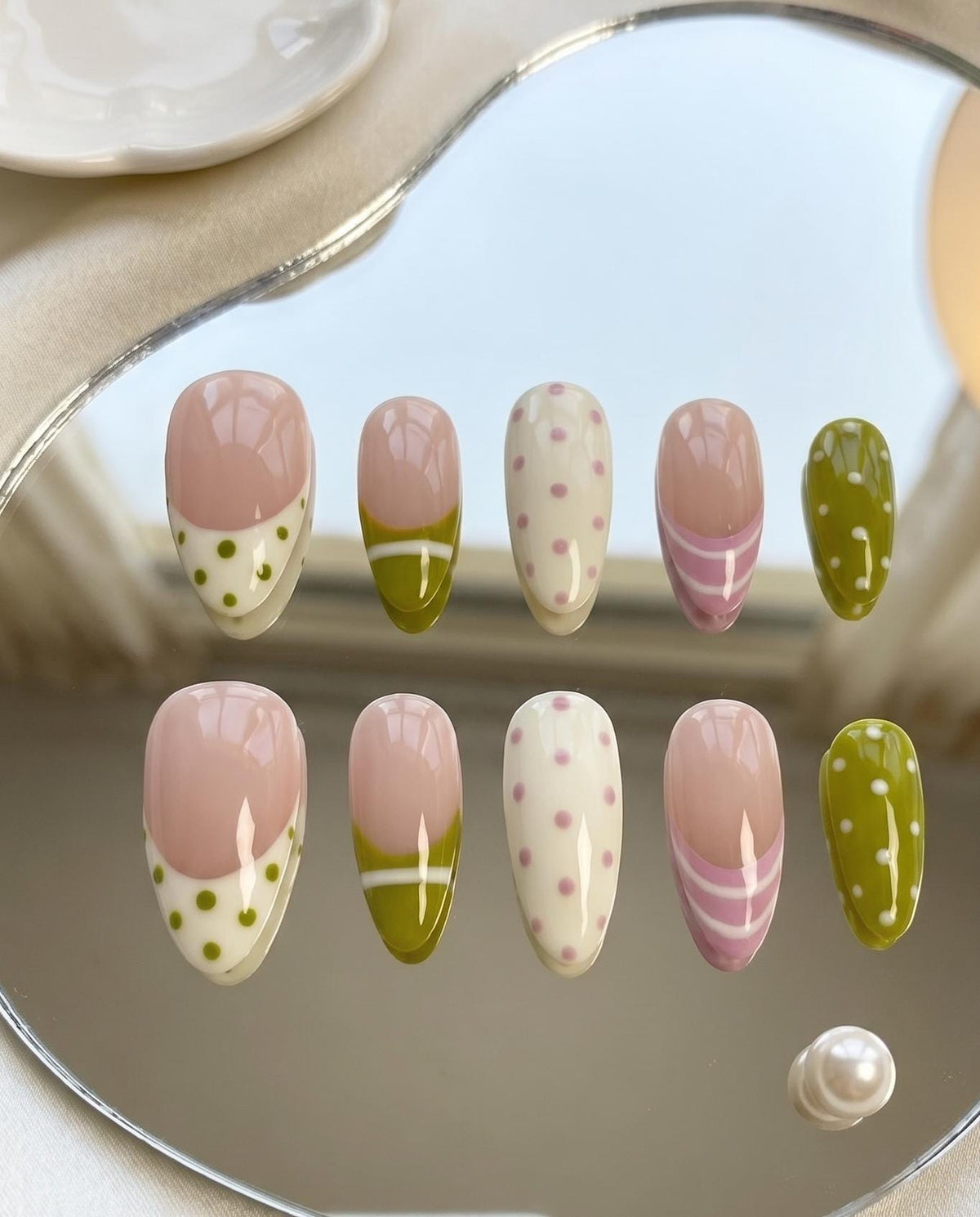 Nude Pink and Olive Green Polka Dot Press-On Nails with Summer Striped Details