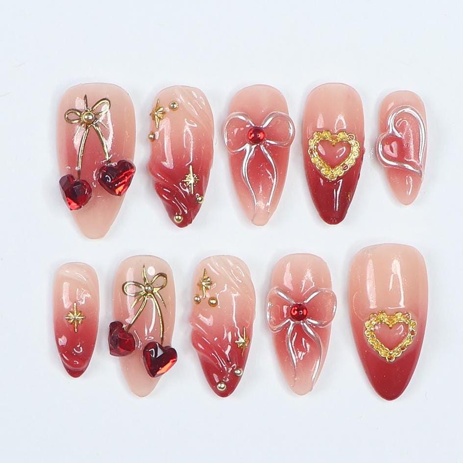 Nude Pink and Red Ombre Heart and Bow Press On Nails with Gold Details