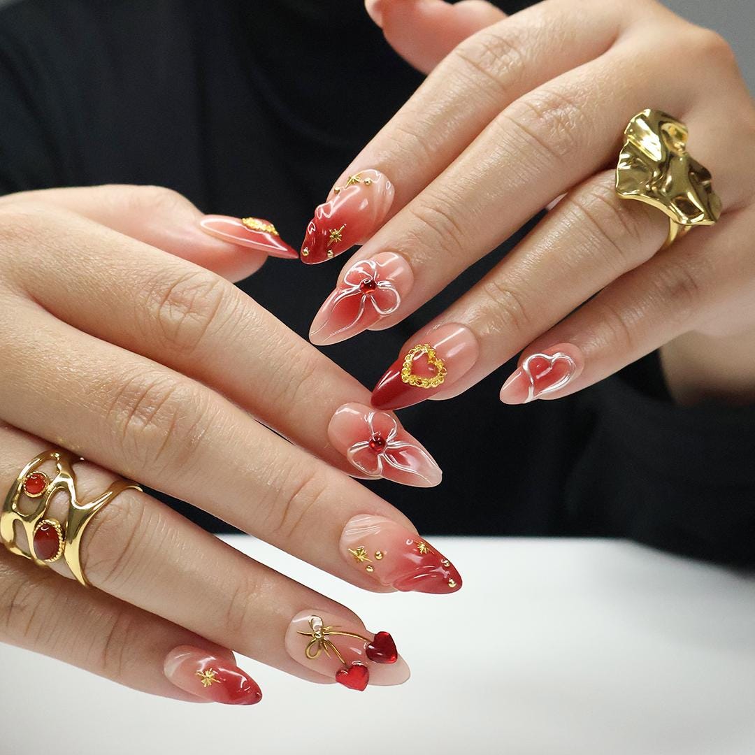 Nude Pink and Red Ombre Heart and Bow Press On Nails with Gold Details