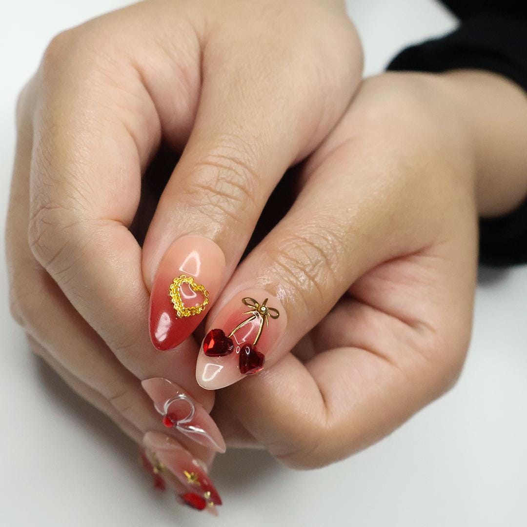 Nude Pink and Red Ombre Heart and Bow Press On Nails with Gold Details