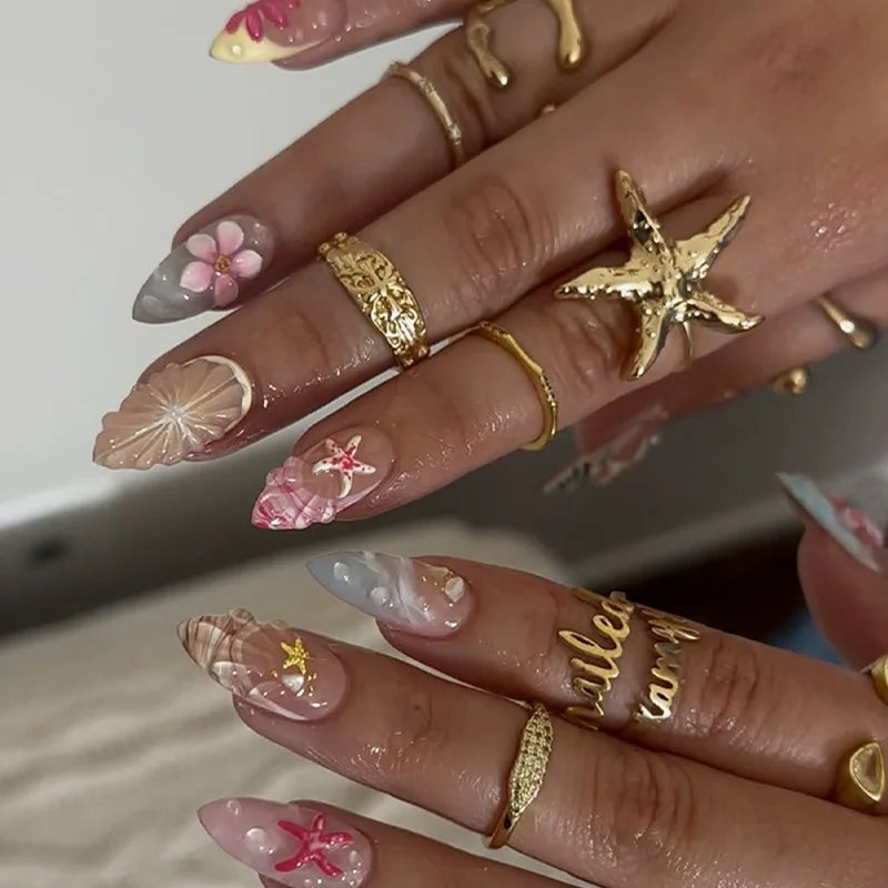 Nude Pink and Translucent Gray Seashell Starfish Nail Set