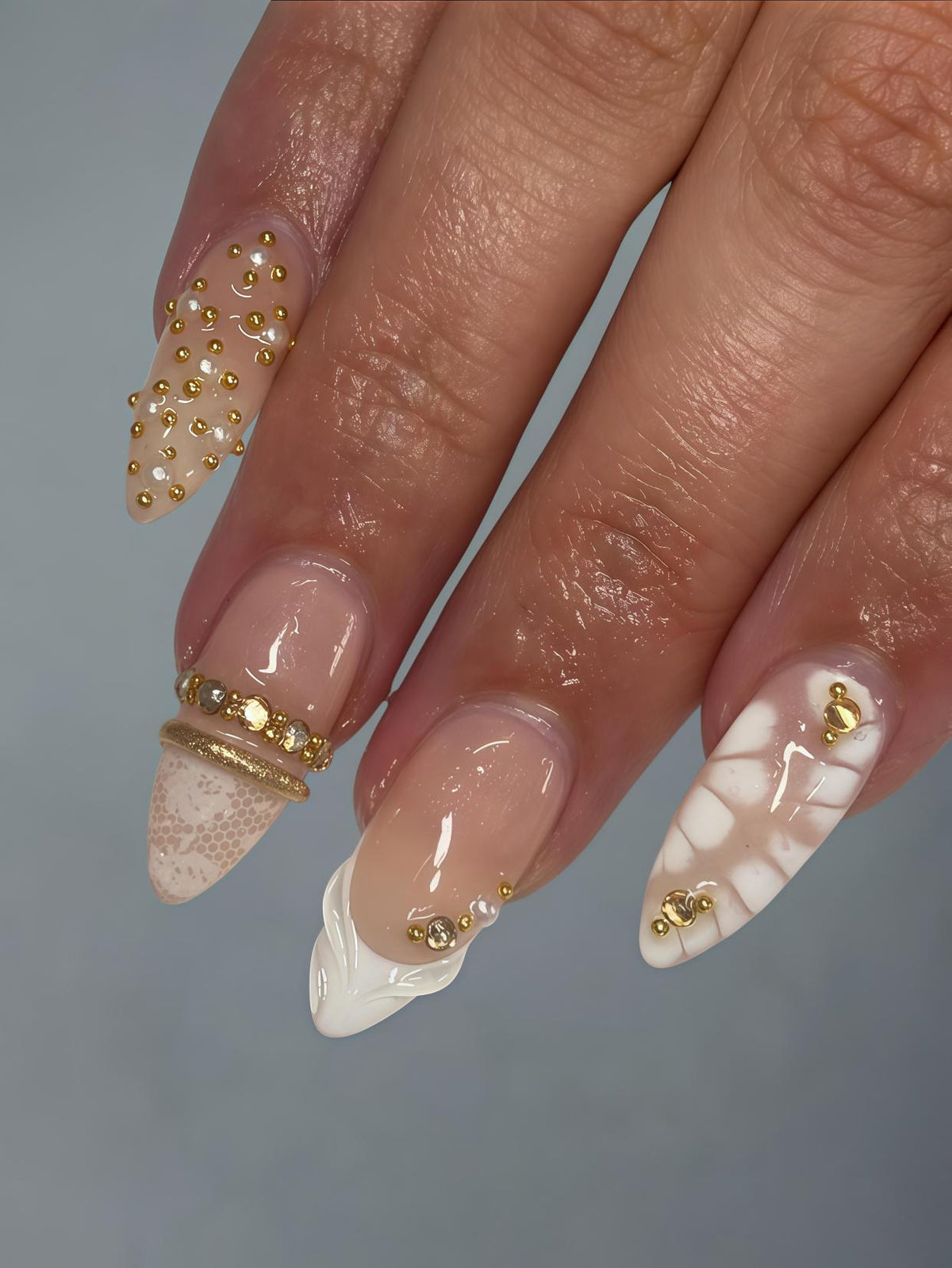 Nude Pink and White Honeycomb Nails with Gold Beads and Raised Bands