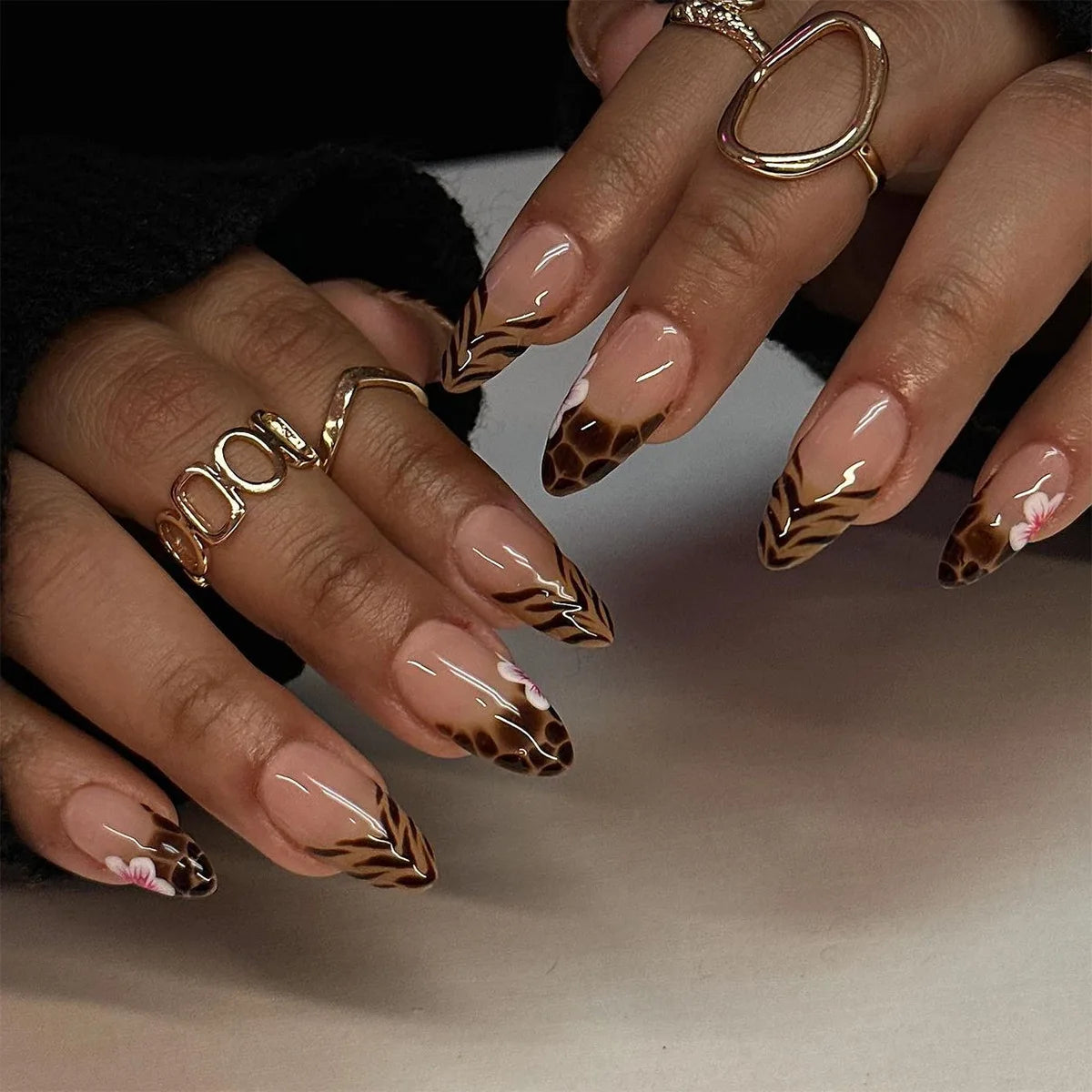 Nude Pink Animal Print Nails With Gold Accents and Floral Details