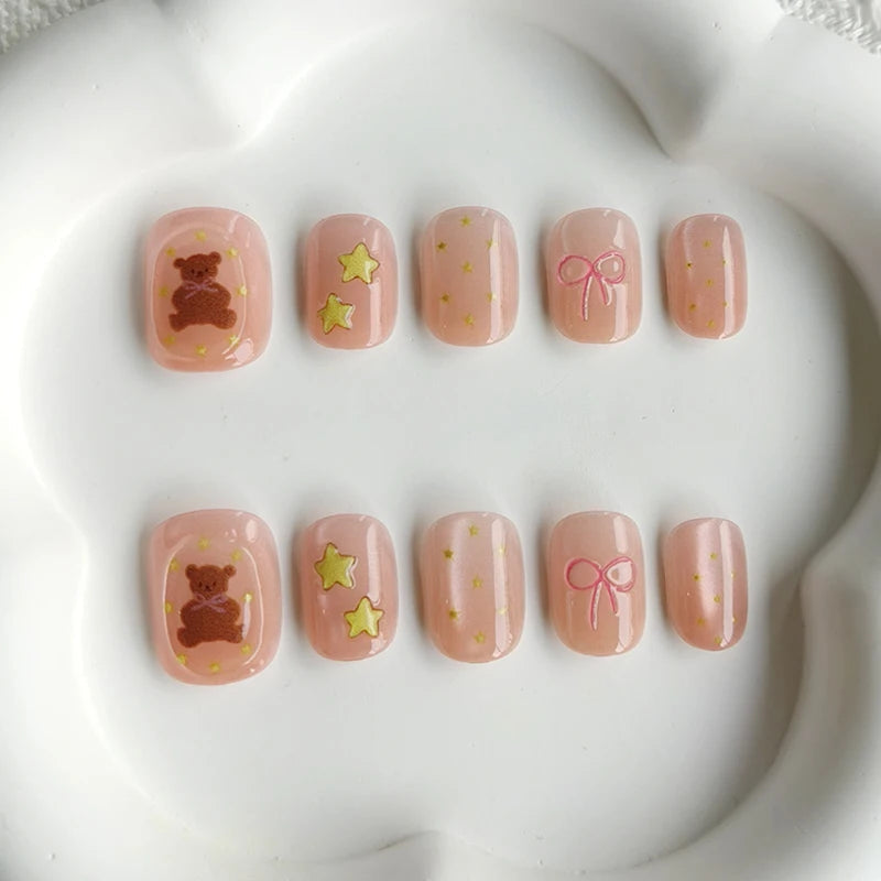 Nude Pink Bear Press On Nails with Pink Bows and Gold Stars
