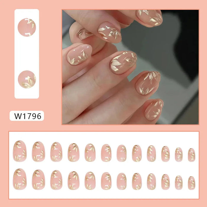 Nude Pink Botanical Press On Nails With Gold Foil Accents