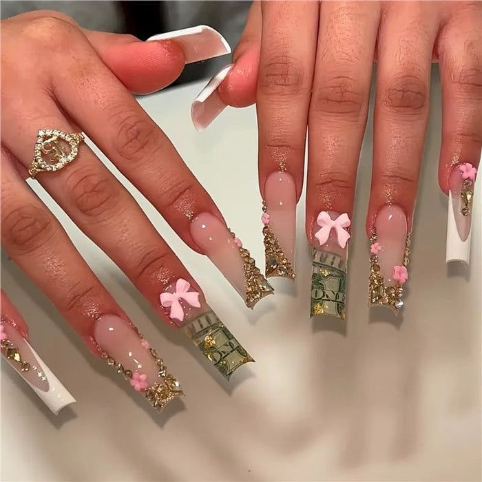Nude Pink Bow and Gold Charm Press-On Nail Set