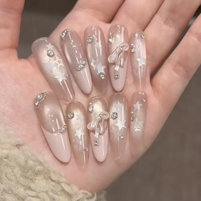 Nude Pink Cat-Eye French Tip Press On Nails with Silver Stars and Bow Charms