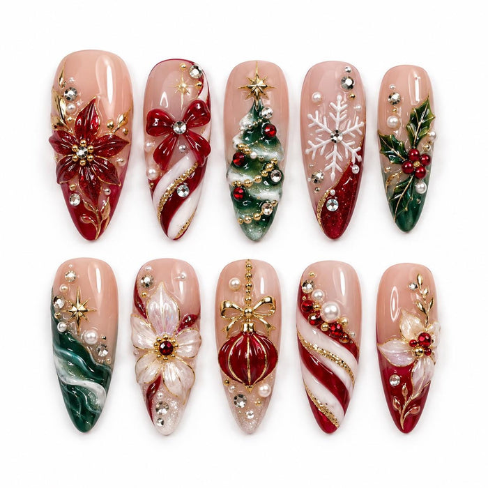 Nude Pink Christmas Press On Nail Set With Red, Green, Gold, 3D Florals and Rhinestones