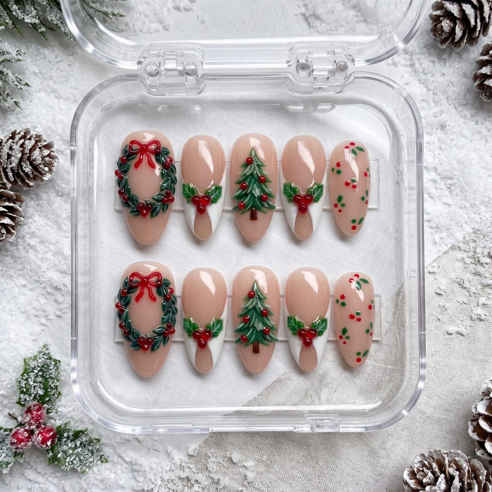 Nude Pink Christmas Press On Nails With Holly Wreaths, Red Bows, and Trees