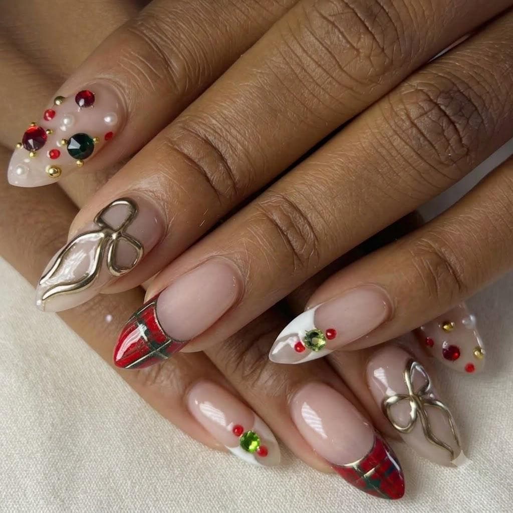 Nude Pink Christmas Nails with Plaid Tips, Gold Bows and Gem Accents