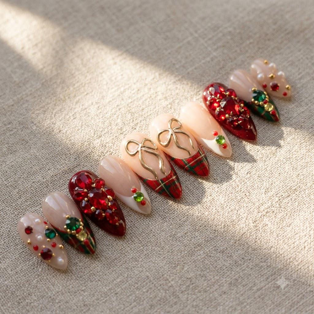 Nude Pink Christmas Nails with Plaid Tips, Gold Bows and Gem Accents