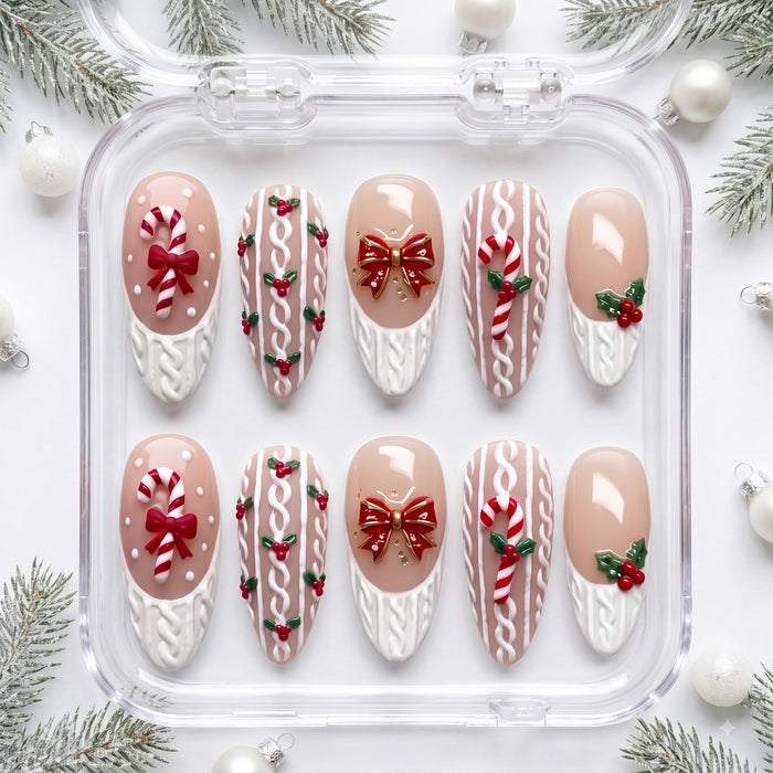 Nude Pink Christmas Press On Nails With Raised Knit Tips, Candy Canes, Holly, and Red Bows