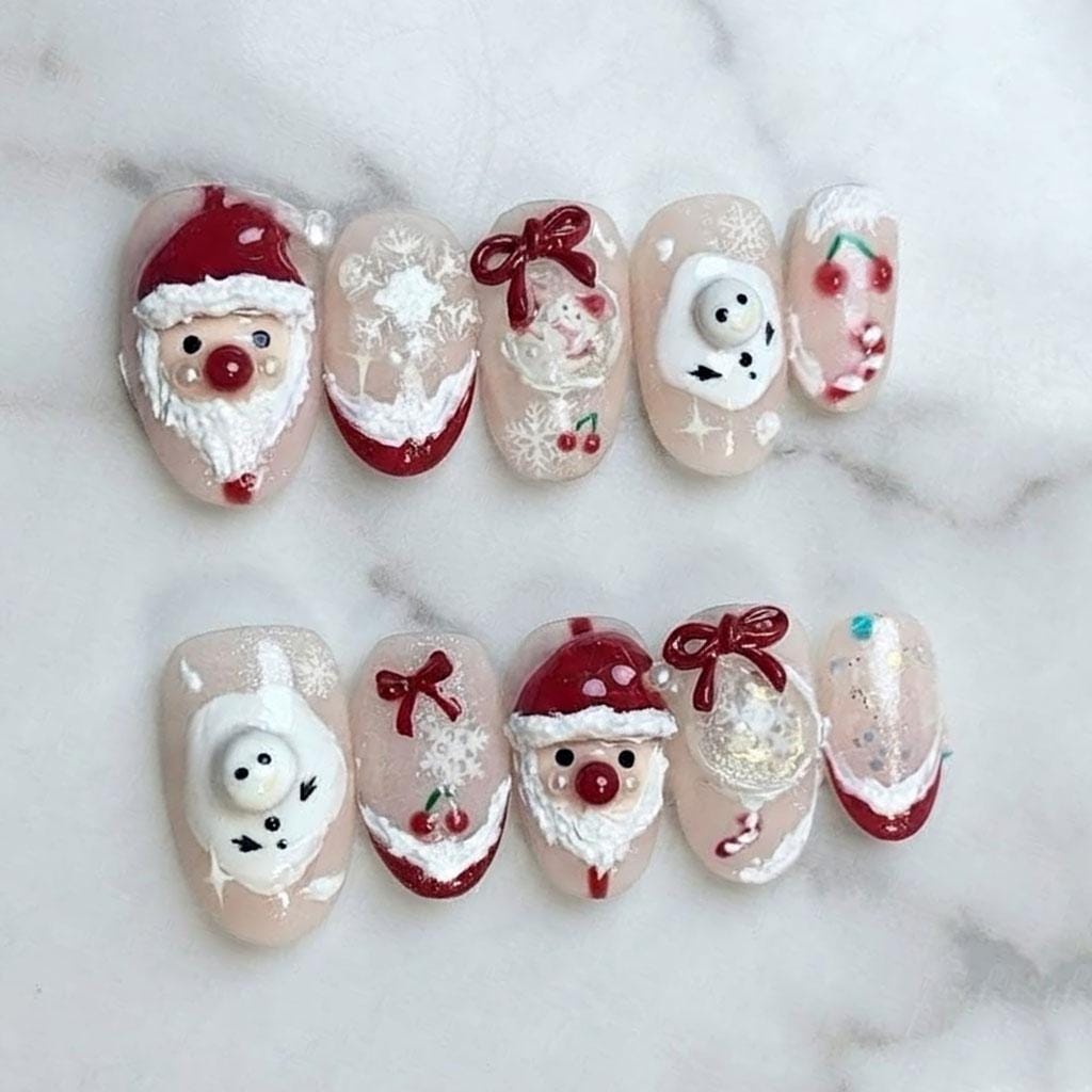 Nude Pink Christmas Press On Nails With Santa, Snowmen, Red Bows and Cherries