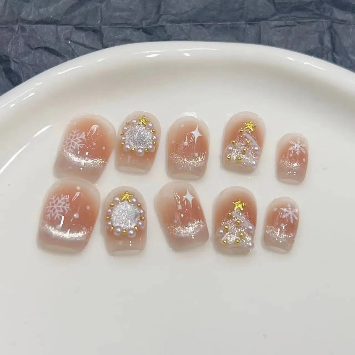 Nude Pink Christmas Snowflake Press On Nails With Gold, Pearls and Rhinestones