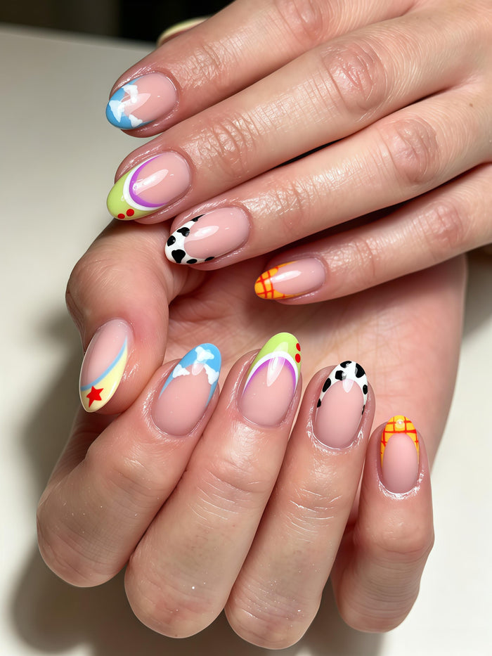 Nude Pink Cow Print, Cloud, Star and Plaid Accent Press On Nail Set