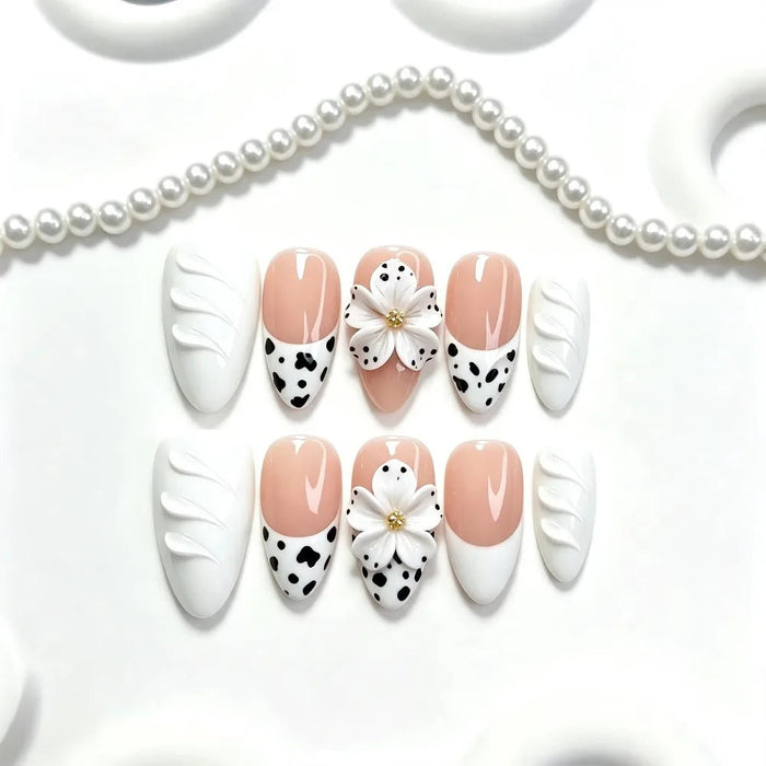 Nude Pink Cow-Print French Tip Press On Nails with 3D White Flowers