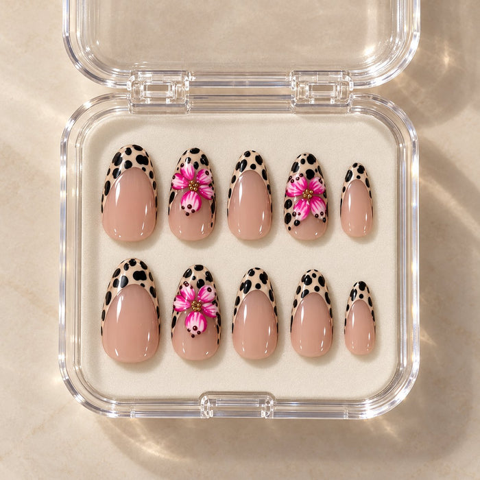 Nude Pink Floral Press On Nails With Black Leopard Print Tips