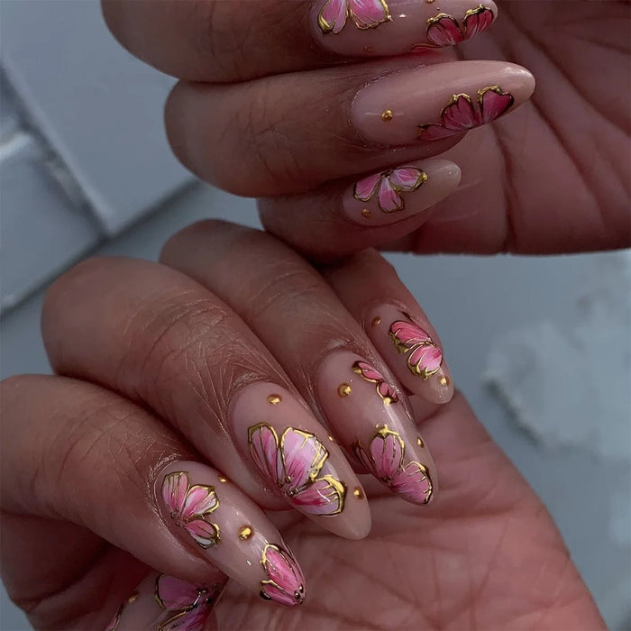 Nude Pink Floral Press-On Nails With Gold Outlines