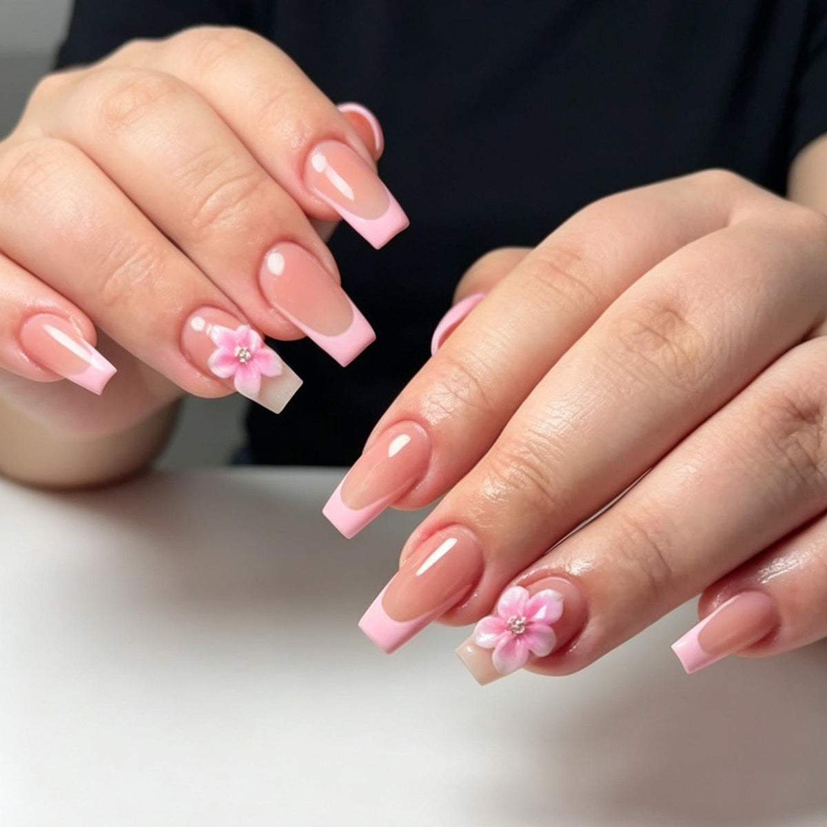 Nude Pink French Tip Nails With 3D Pink and White Flower Accents