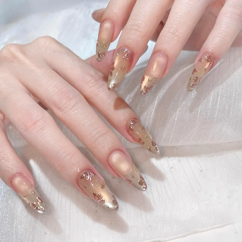 Nude Pink French Tip Nails With Champagne Gold Foil