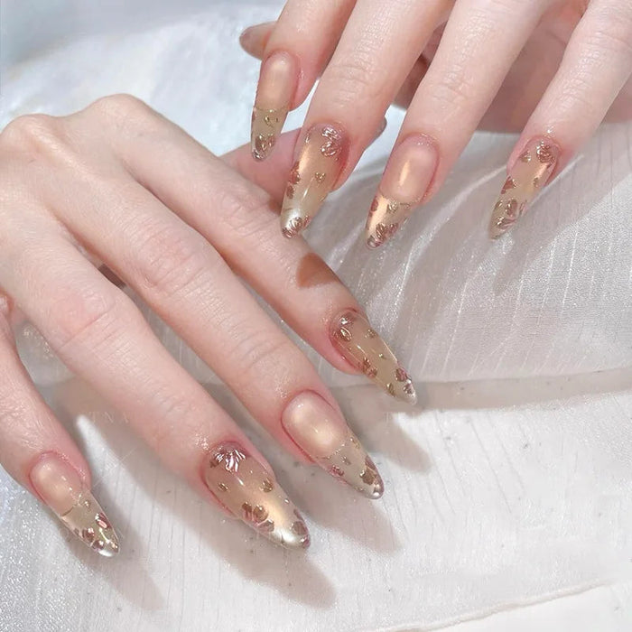 Nude Pink French Tip Press On Nails With Champagne Gold Foil