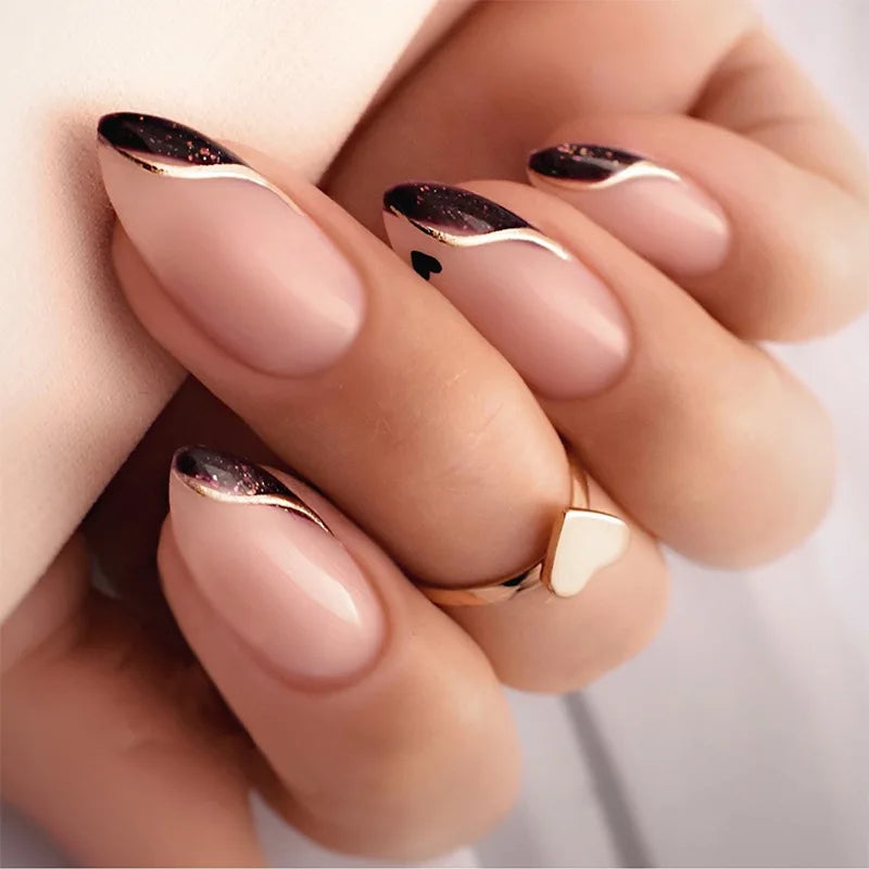 Nude Pink French Tip Nails with Glittery Black Burgundy Tips and Gold Accents