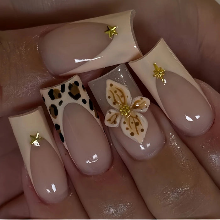 Nude Pink French Tip Press On Nails With Leopard Print, Gold Stars and 3D Flower