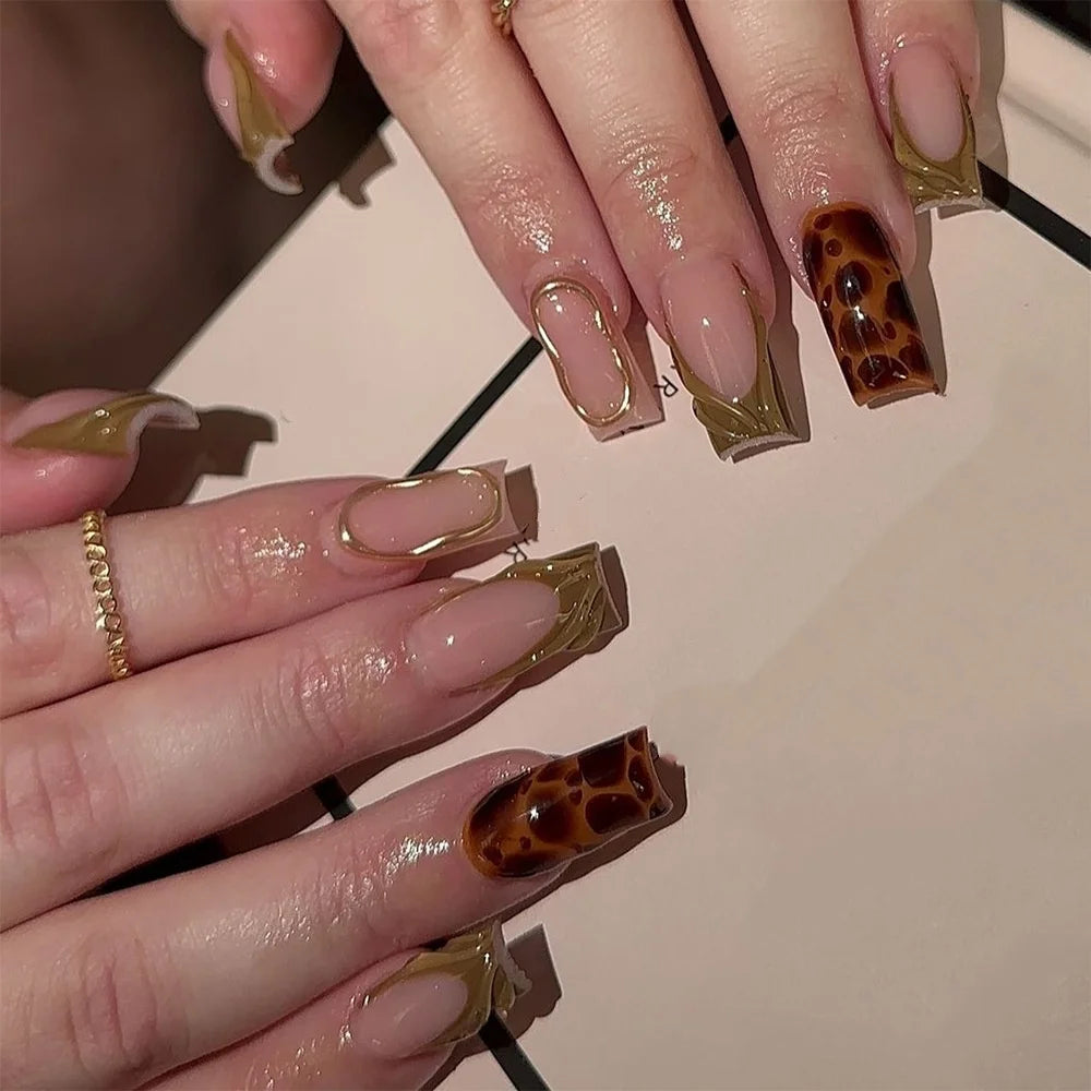 Nude Pink French Tip Nails with Olive Gold Chrome and Tortoiseshell Accents